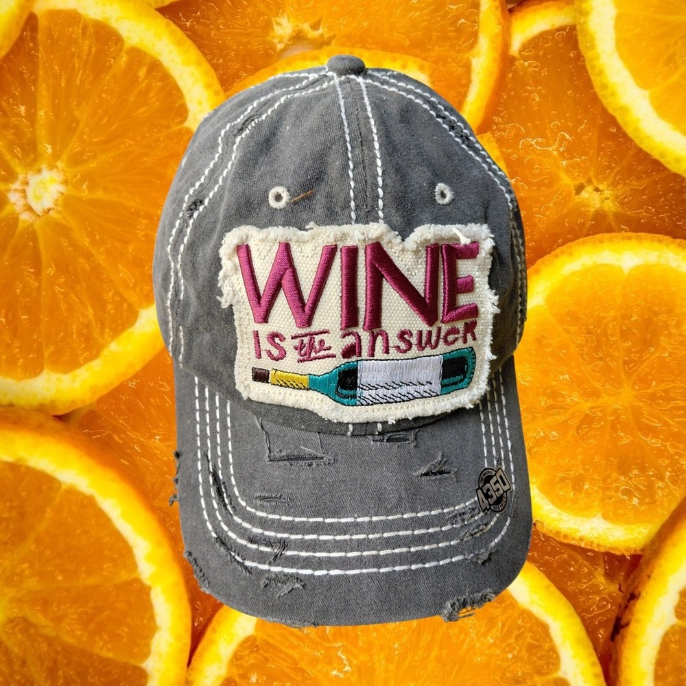 4350 District Womens Gray‎ Wine Is The Answer Distressed Baseball Cap